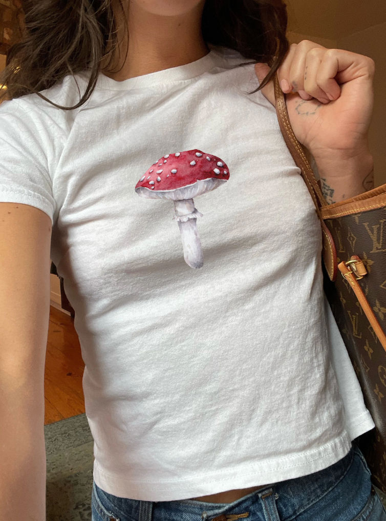 Mushroom Women's Graphic Baby Tee. Shrooms Fungi graphic t shirt. 