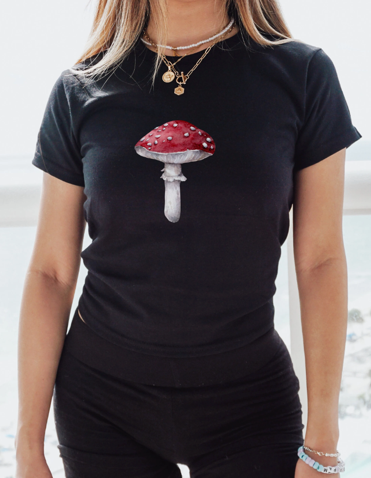 Mushroom Women's Graphic Baby Tee. Shrooms Fungi graphic t shirt. 