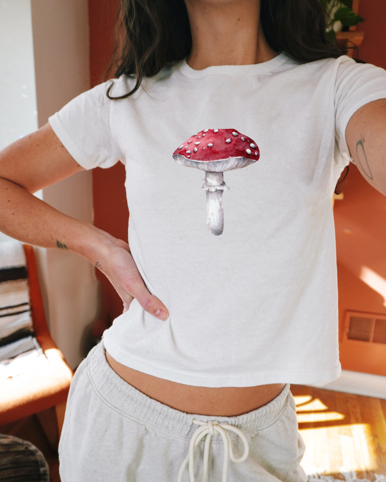 Mushroom Women's Graphic Baby Tee. Shrooms Fungi graphic t shirt. 