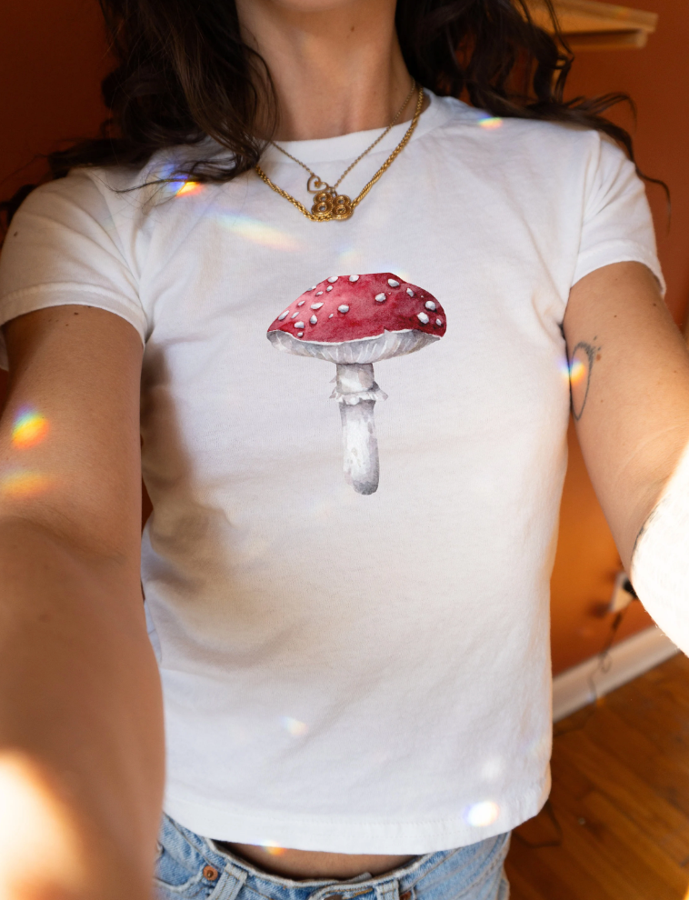 Mushroom Women's Graphic Baby Tee. Shrooms Fungi graphic t shirt. 