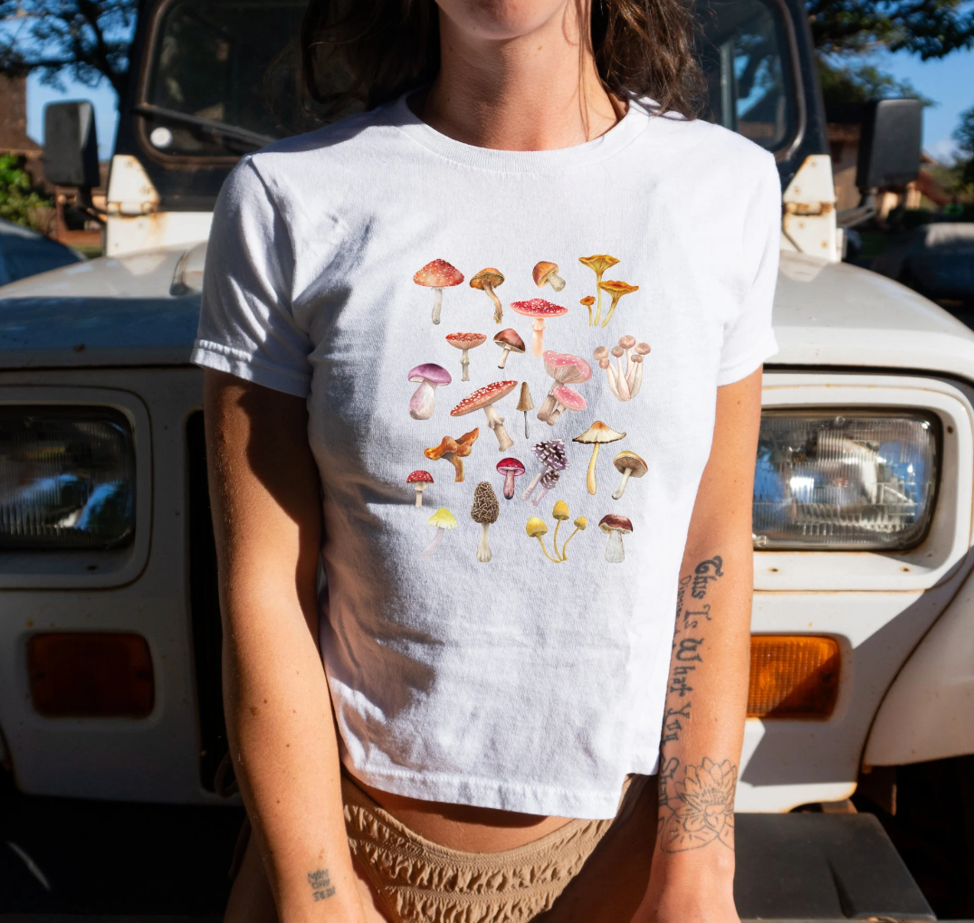 Mushroom Women's Graphic Baby Tee. Shrooms Fungi graphic t shirt. 