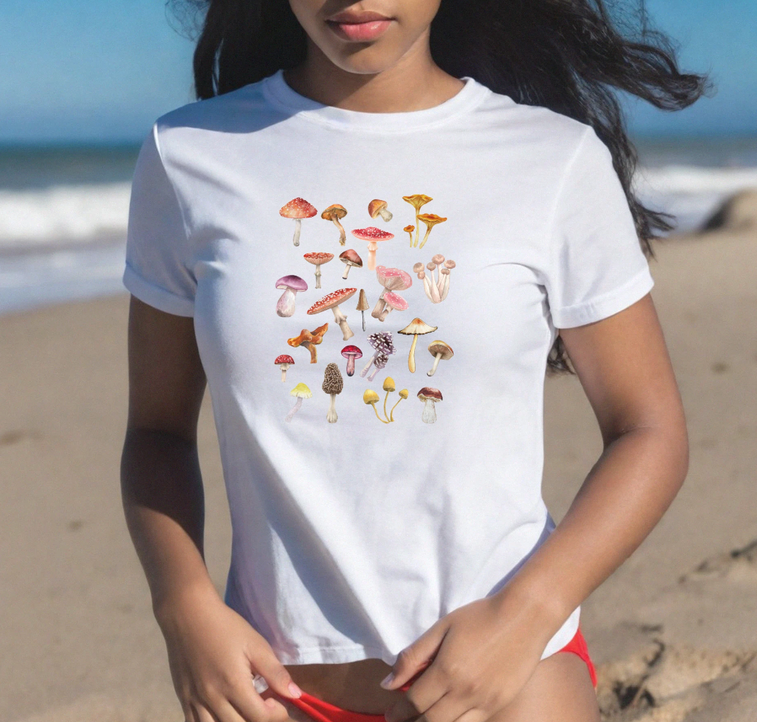 Mushroom Women's Graphic Baby Tee. Shrooms Fungi graphic t shirt. 