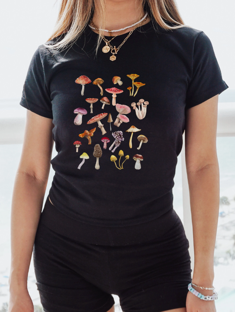 Mushroom Women's Graphic Baby Tee. Shrooms Fungi graphic t shirt. 