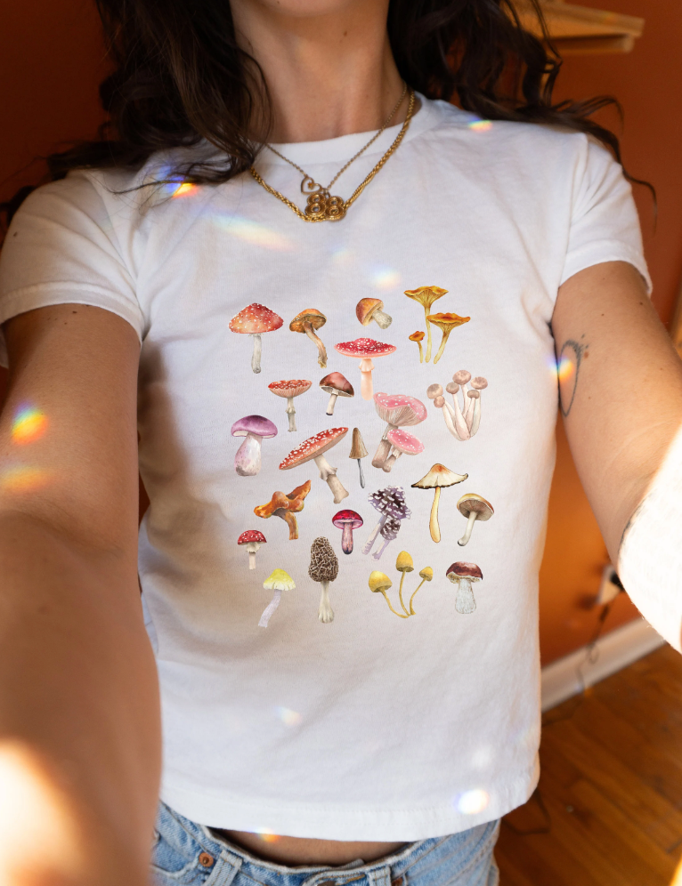 Mushroom Women's Graphic Baby Tee. Shrooms Fungi graphic t shirt. 