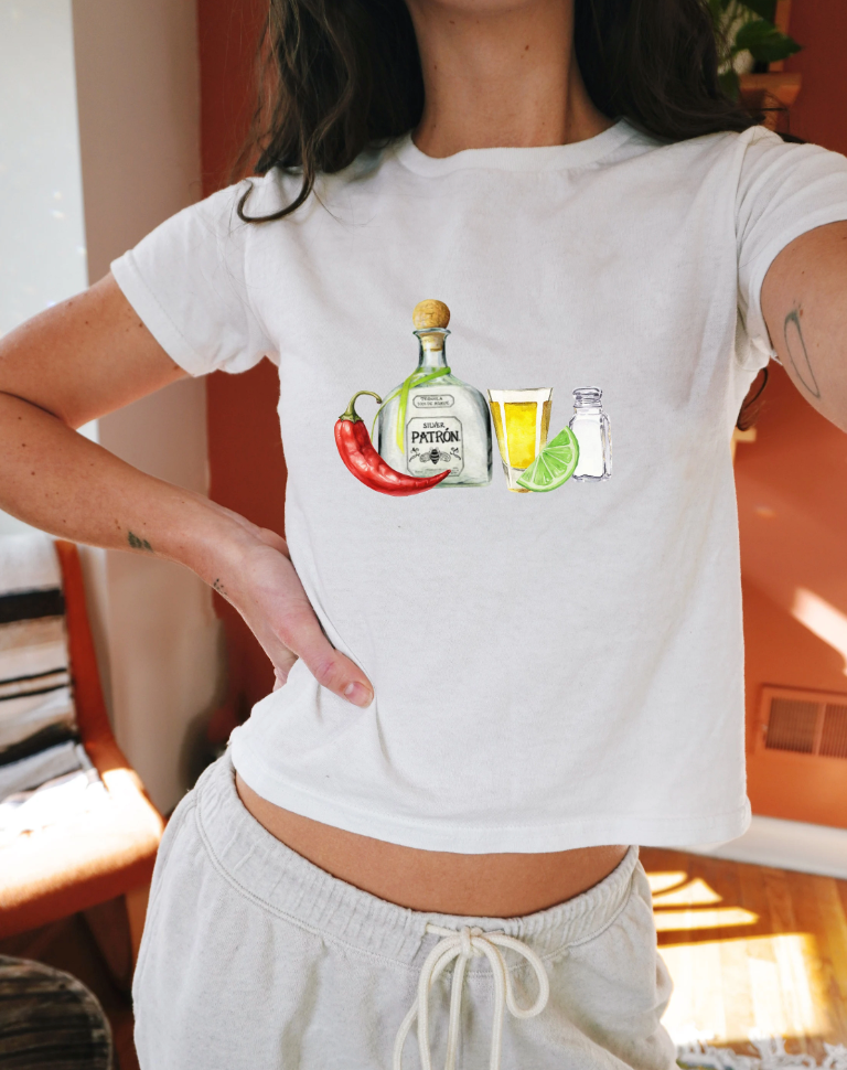 Graphic Baby Tee Tequila. Y2K aesthetic scrapbook cocktail shirt. 