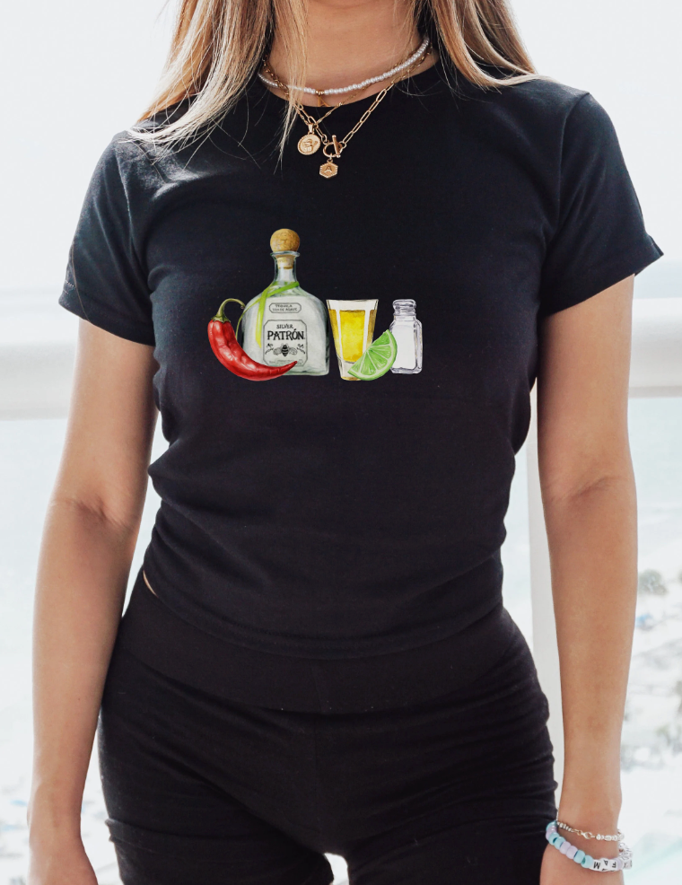 Graphic Baby Tee Tequila. Y2K aesthetic scrapbook cocktail shirt. 