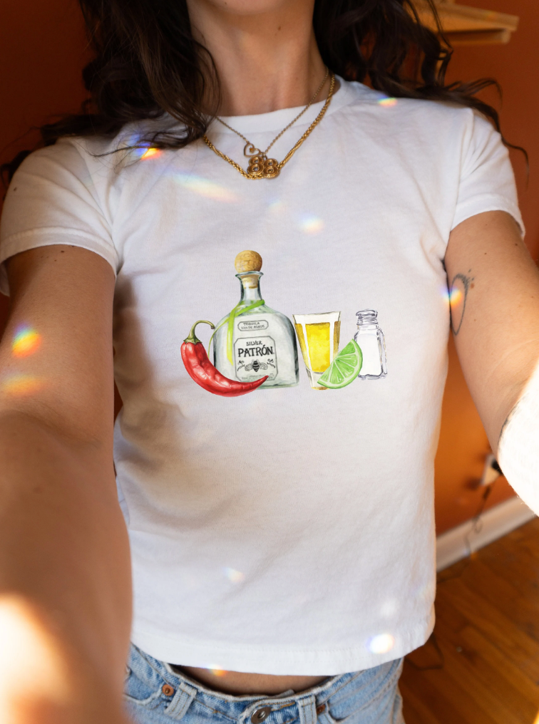 Graphic Baby Tee Tequila. Y2K aesthetic scrapbook cocktail shirt. 