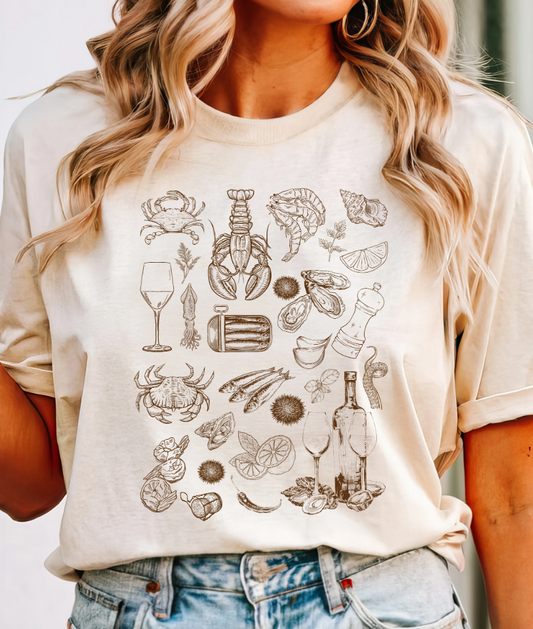 Sea Food Vintage Y2K 90s Tattoo Collage Summer T Shirt. Sea Food Platter 