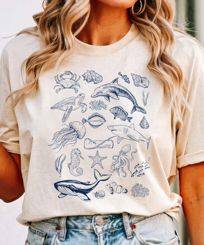 Ocean Vintage Y2K 90s Tattoo Collage Summer T Shirt. Ocean Core Beach Vintage Retro Shirt