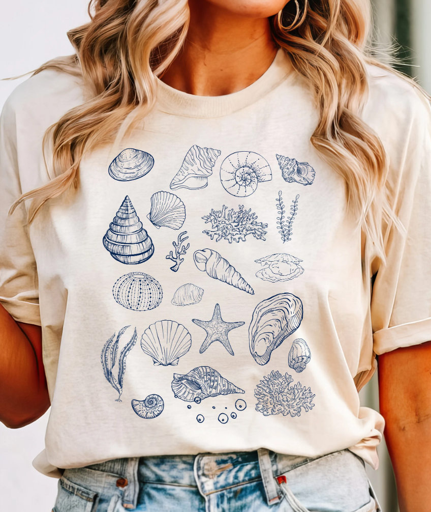 Sea Shells Vintage Y2K 90's Tattoo Collage Summer T Shirt. Sea Shells Beach Vintage Retro Art Shirt
