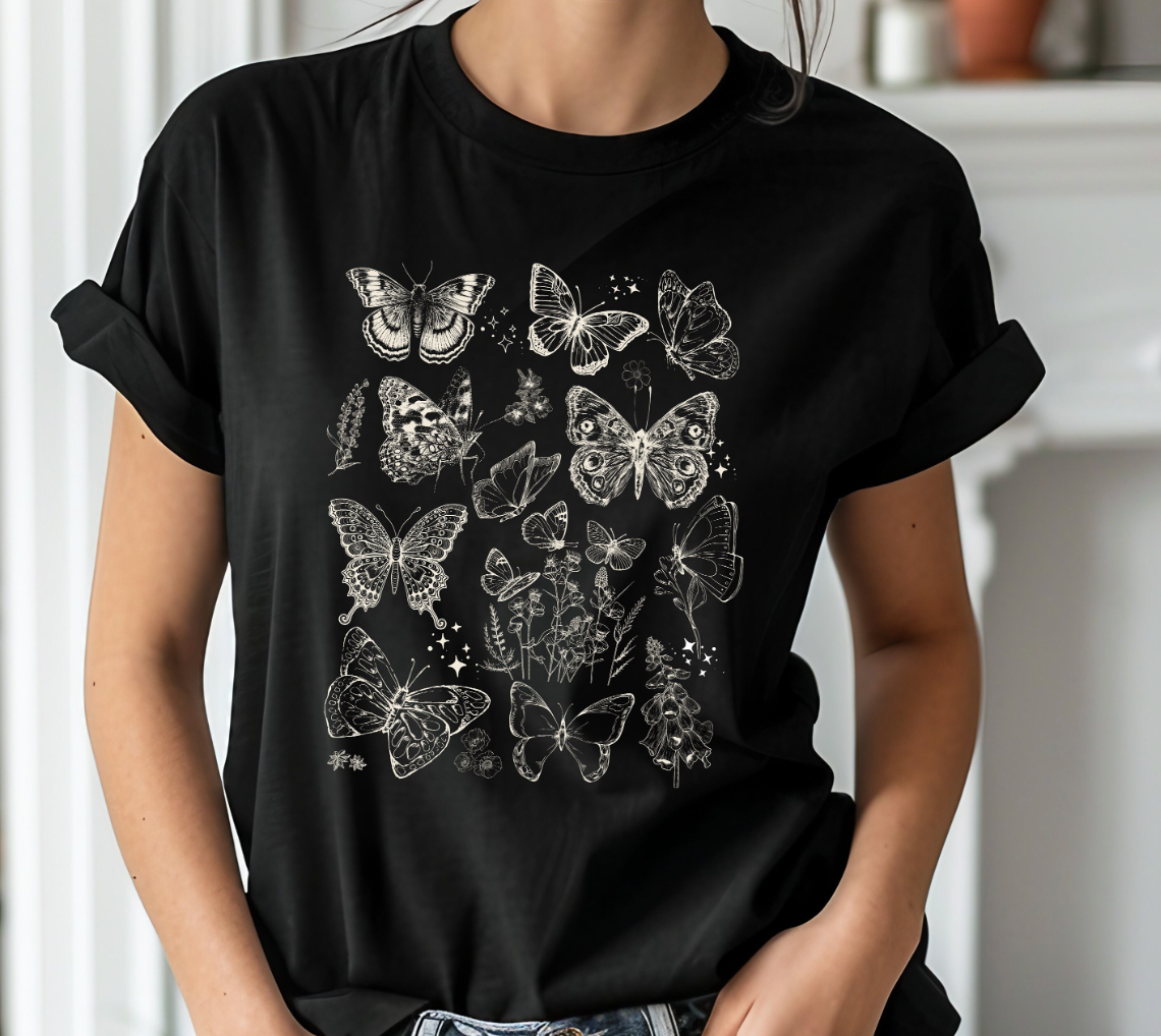Butterfly Vintage Y2K 90's Tattoo Collage Summer T Shirt. Nature Cottage Core