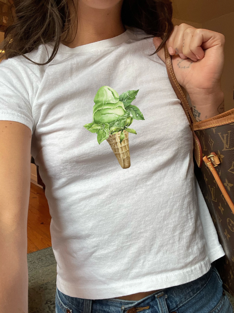 Matcha Green Ice Cream Graphic Baby Tee. Food Retro Graphic T Shirt. 