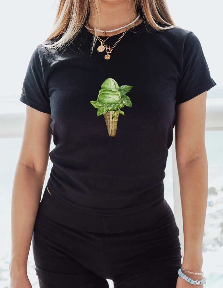 Matcha Green Ice Cream Graphic Baby Tee. Food Retro Graphic T Shirt. 