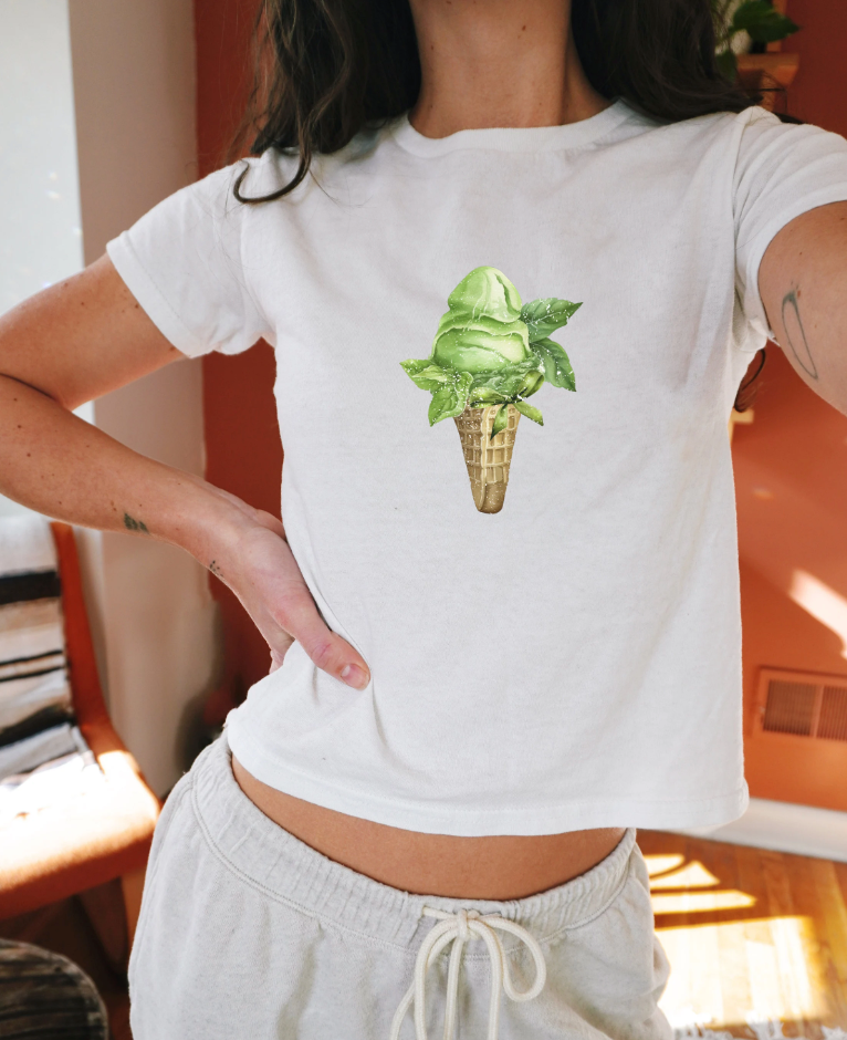 Matcha Green Ice Cream Graphic Baby Tee. Food Retro Graphic T Shirt. 