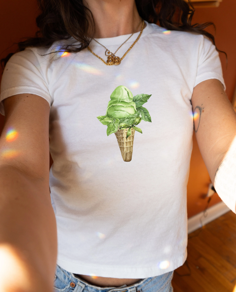 Matcha Green Ice Cream Graphic Baby Tee. Food Retro Graphic T Shirt. 