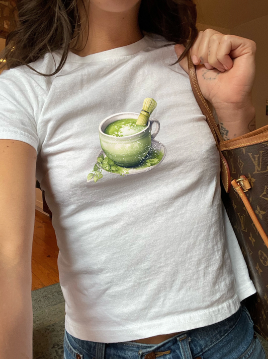 Matcha Green Bowl Graphic Baby Tee. Matcha Retro Graphic T Shirt.