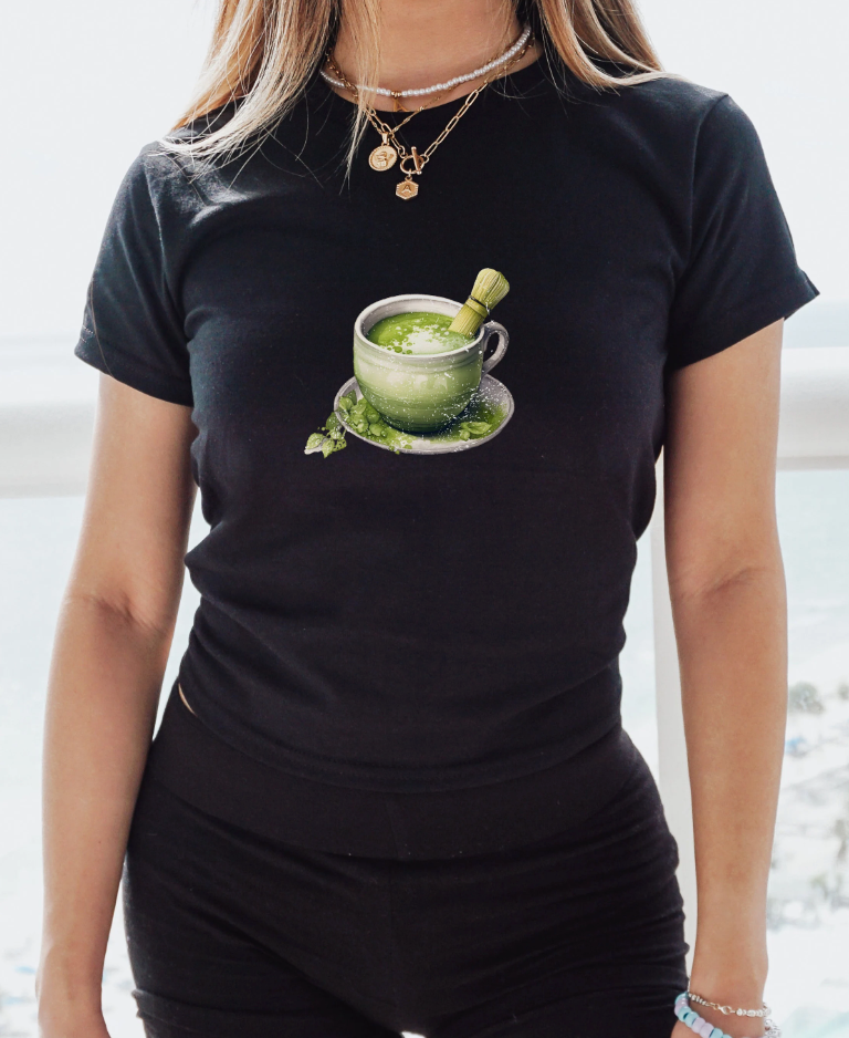 Matcha Green Bowl Graphic Baby Tee. Matcha Retro Graphic T Shirt.