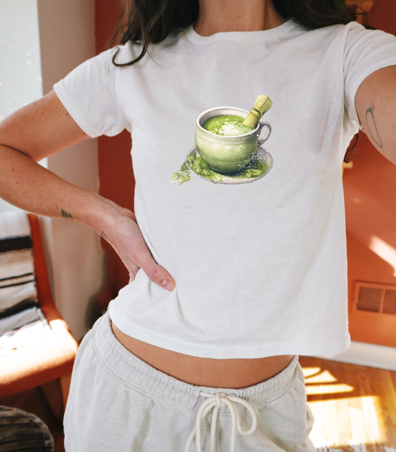 Matcha Green Bowl Graphic Baby Tee. Matcha Retro Graphic T Shirt.