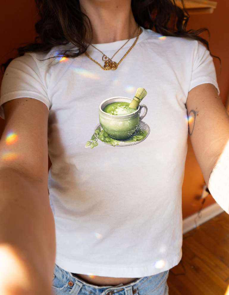 Matcha Green Bowl Graphic Baby Tee. Matcha Retro Graphic T Shirt.