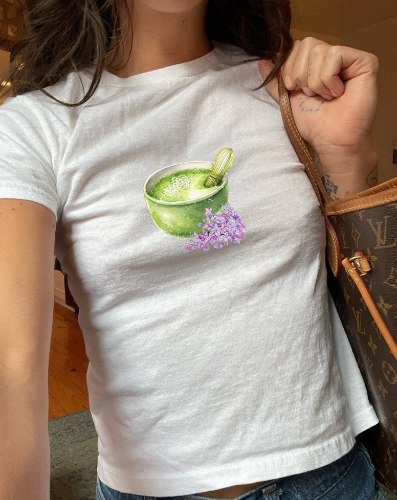 Matcha Green Tea Bowl with flowers Graphic Baby Tee. Matcha Retro Graphic T Shirt