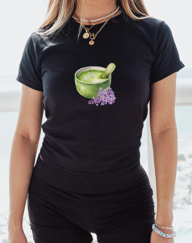 Matcha Green Tea Bowl with flowers Graphic Baby Tee. Matcha Retro Graphic T Shirt