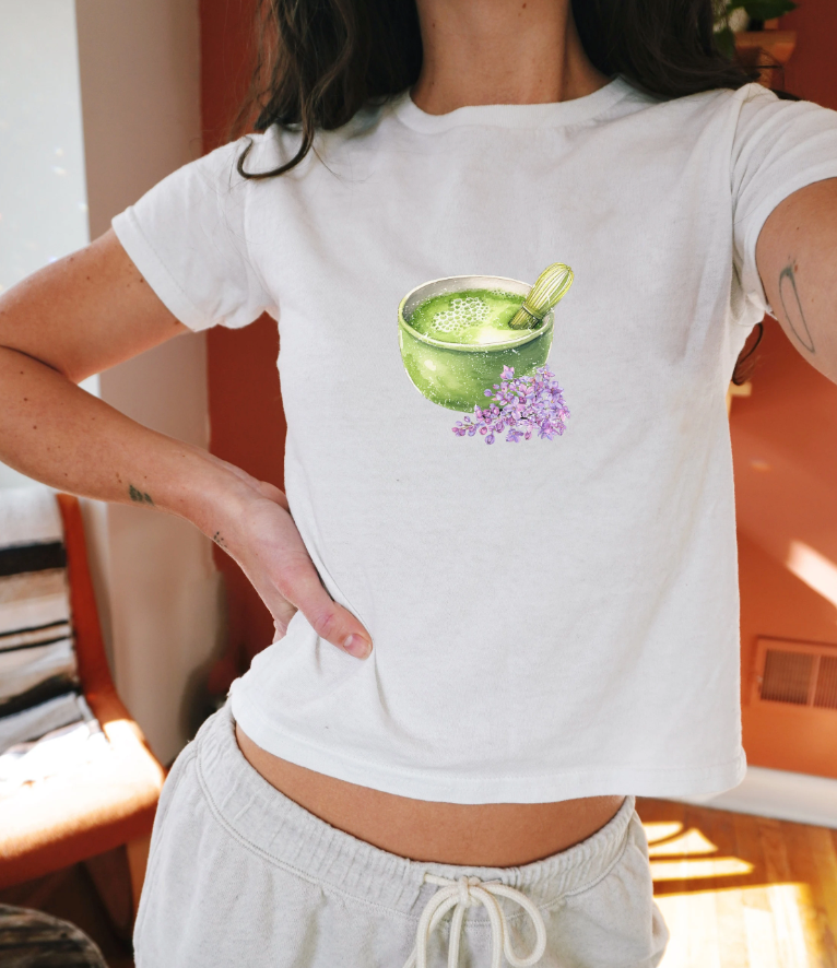 Matcha Green Tea Bowl with flowers Graphic Baby Tee. Matcha Retro Graphic T Shirt