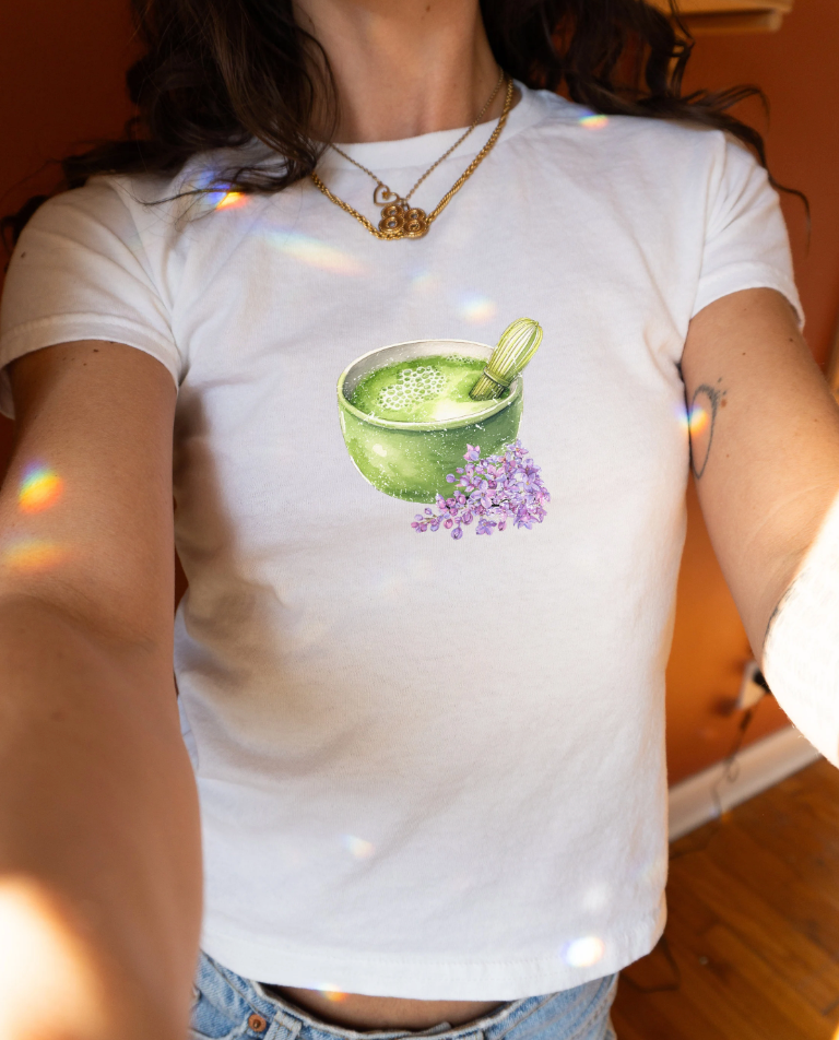 Matcha Green Tea Bowl with flowers Graphic Baby Tee. Matcha Retro Graphic T Shirt