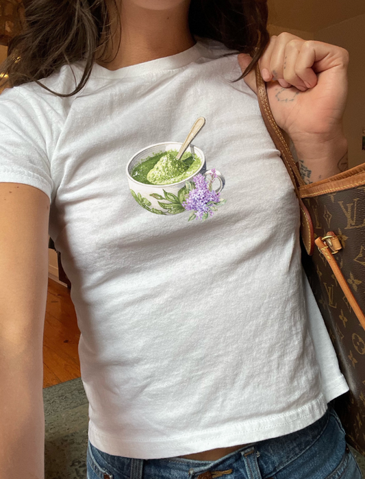 Matcha and Lavender Tea Cup Graphic Baby Tee. Matcha Retro Graphic T Shirt