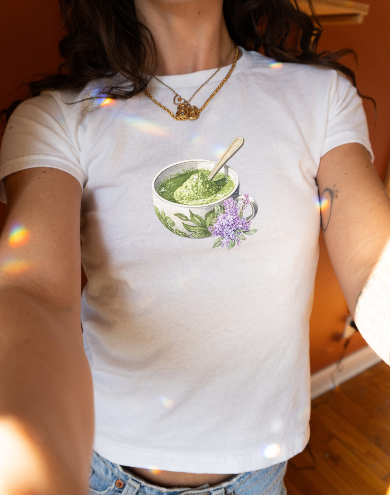 Matcha and Lavender Tea Cup Graphic Baby Tee. Matcha Retro Graphic T Shirt