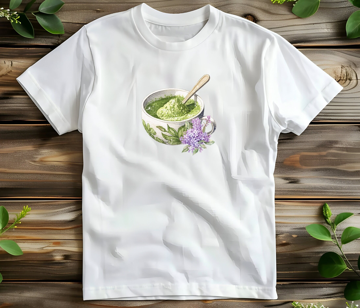 Matcha and Lavender Tea Cup Graphic Baby Tee. Matcha Retro Graphic T Shirt