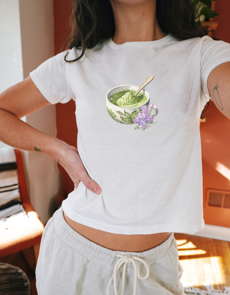 Matcha and Lavender Tea Cup Graphic Baby Tee. Matcha Retro Graphic T Shirt