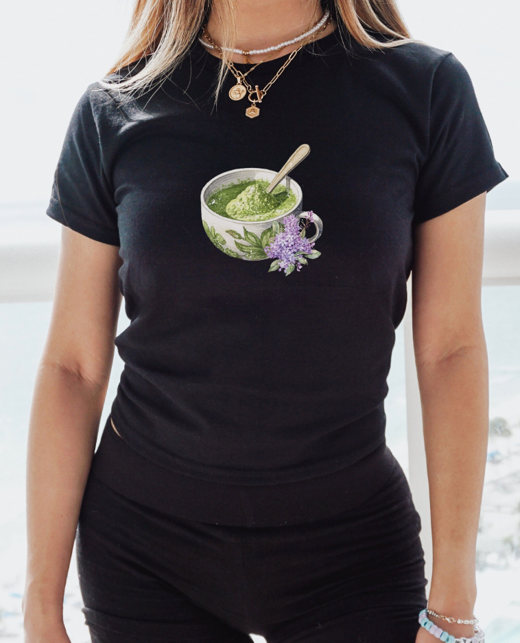 Matcha and Lavender Tea Cup Graphic Baby Tee. Matcha Retro Graphic T Shirt