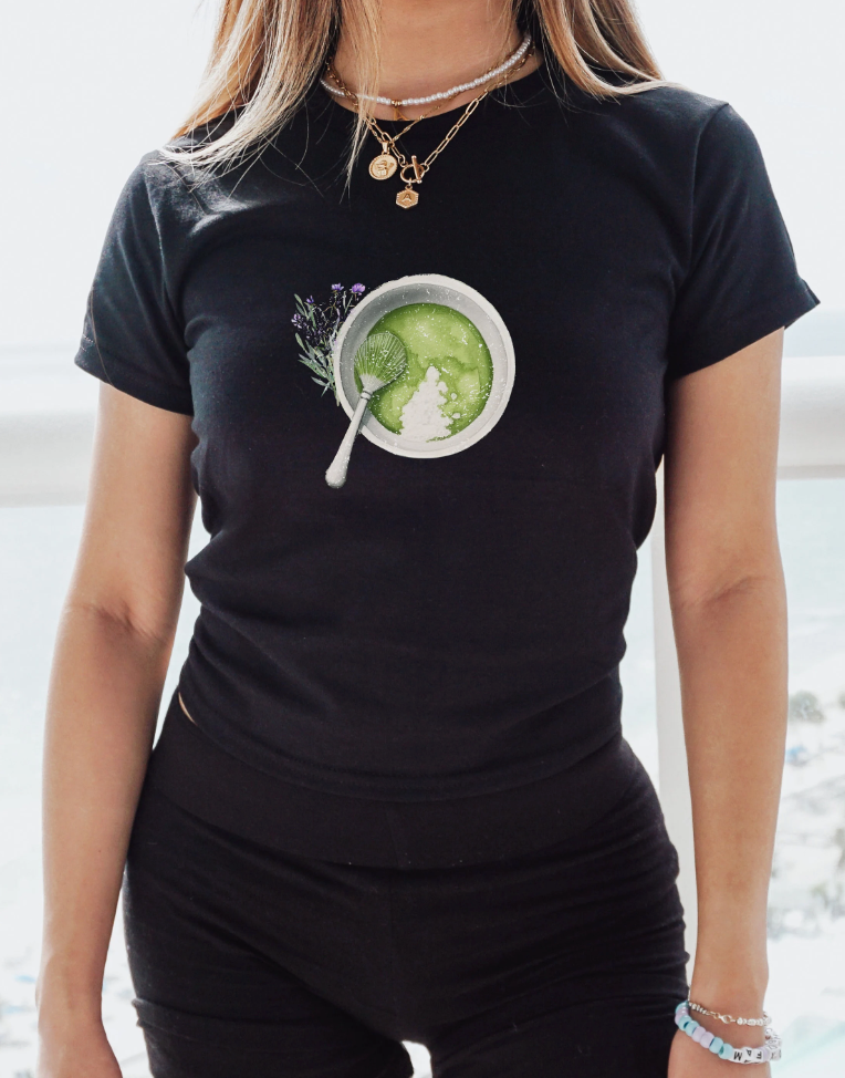 Matcha Green Tea and lavender Graphic Baby Tee. Matcha Retro Graphic T Shirt