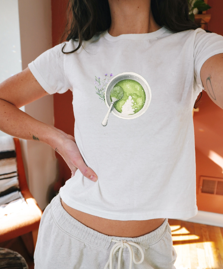 Matcha Green Tea and lavender Graphic Baby Tee. Matcha Retro Graphic T Shirt