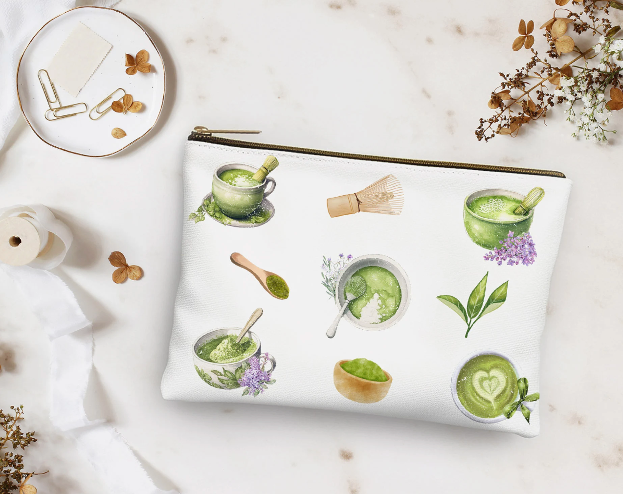 Matcha Green Tea Travel Pouch. Zipper pouch for travel and storage