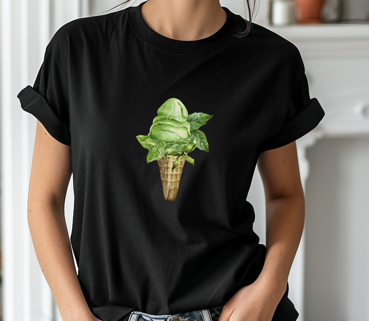 Matcha Ice Cream with Bow Summer T Shirt. Matcha Retro Graphic Shirt