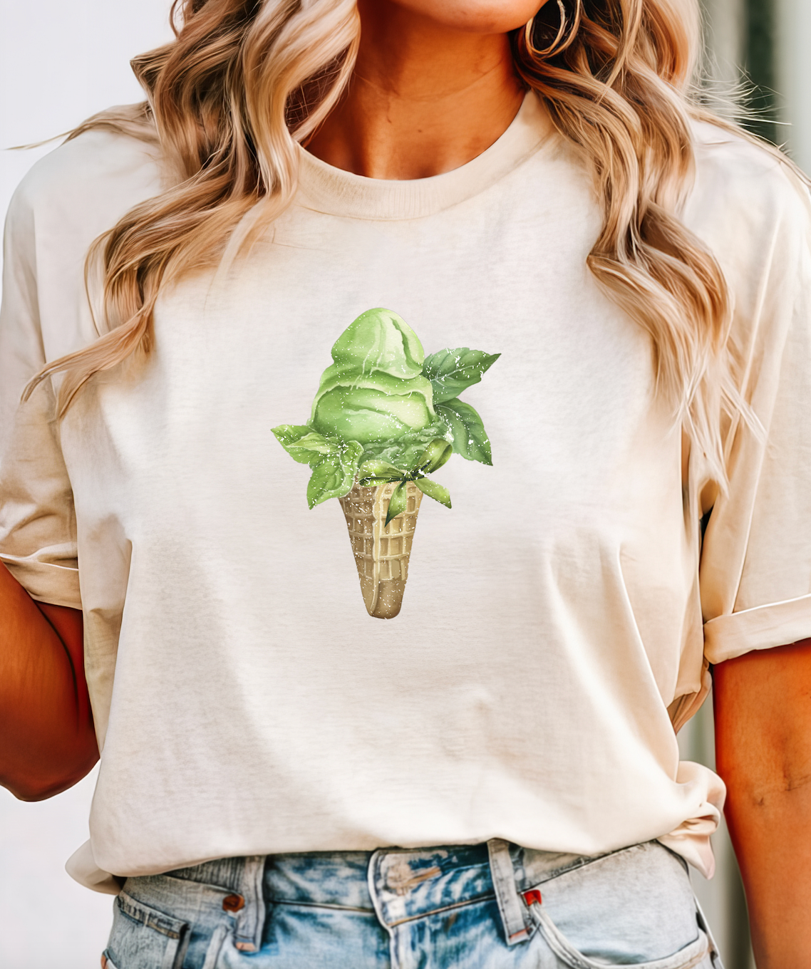 Matcha Ice Cream with Bow Summer T Shirt. Matcha Retro Graphic Shirt