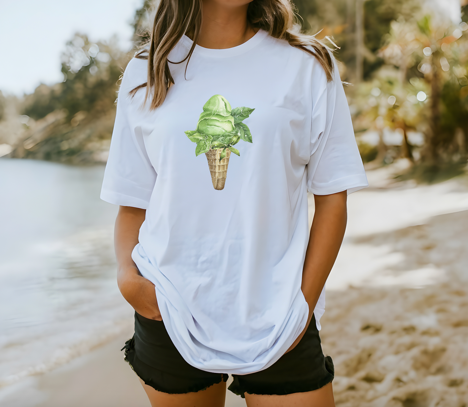 Matcha Ice Cream with Bow Summer T Shirt. Matcha Retro Graphic Shirt