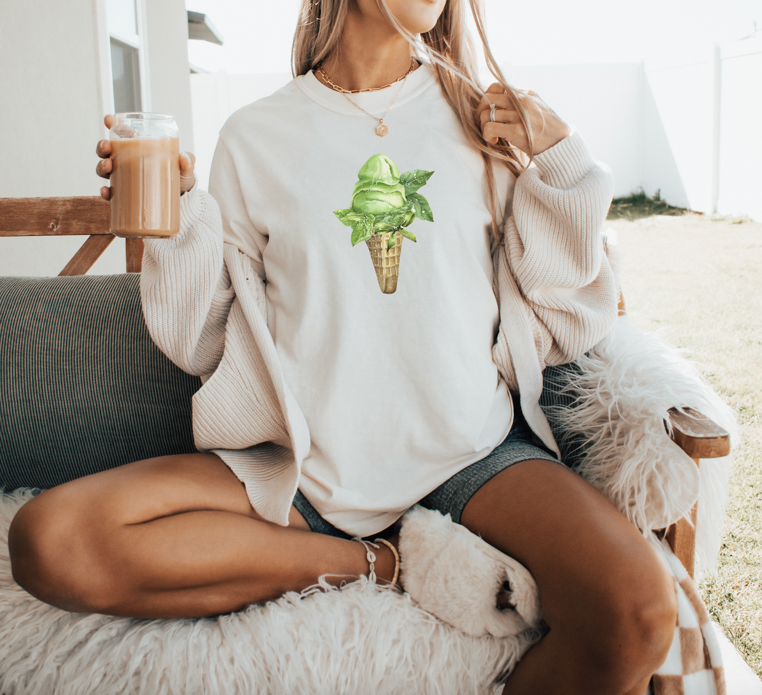 Matcha Ice Cream with Bow Summer T Shirt. Matcha Retro Graphic Shirt