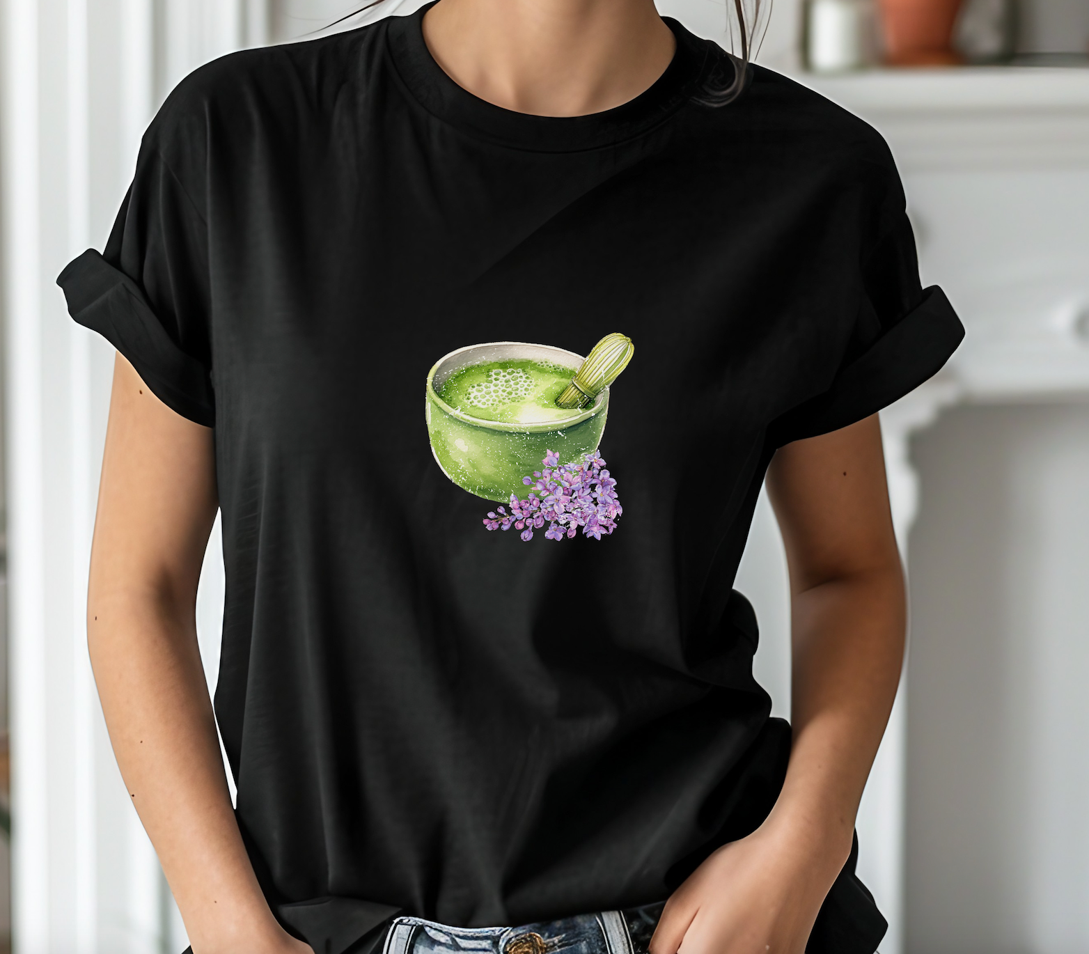 Matcha Green Tea Bowl with Lavender Summer T Shirt. Matcha Retro Graphic Shirt