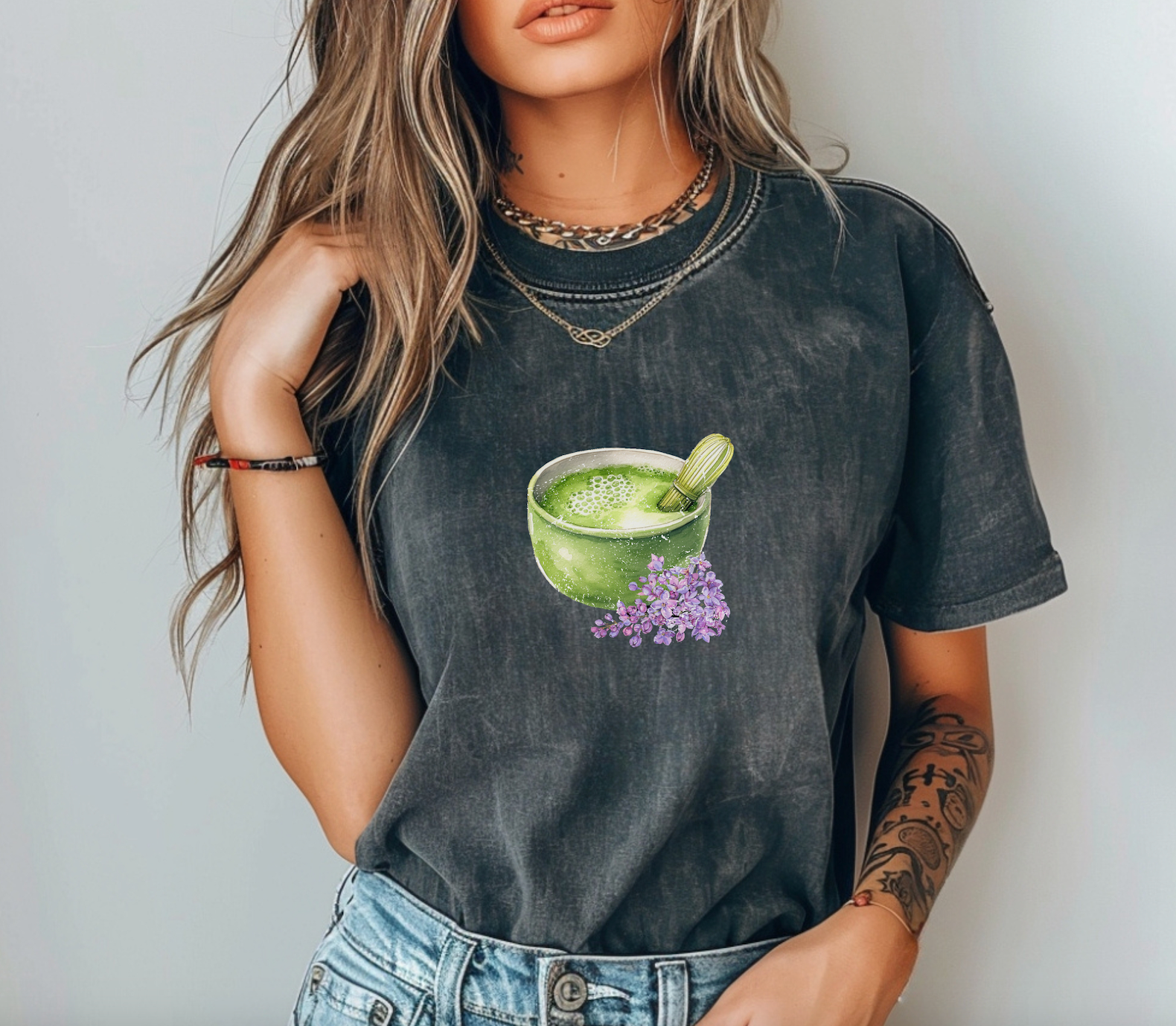 Matcha Green Tea Bowl with Lavender Summer T Shirt. Matcha Retro Graphic Shirt