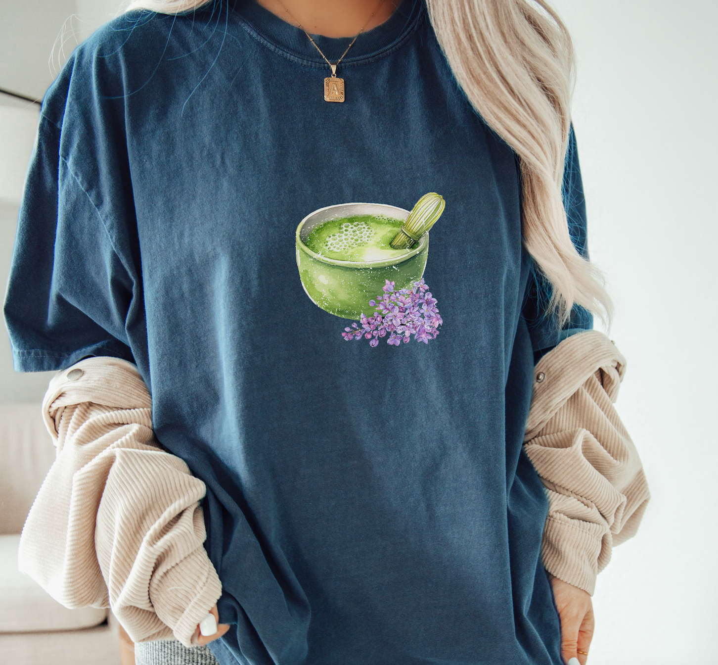 Matcha Green Tea Bowl with Lavender Summer T Shirt. Matcha Retro Graphic Shirt