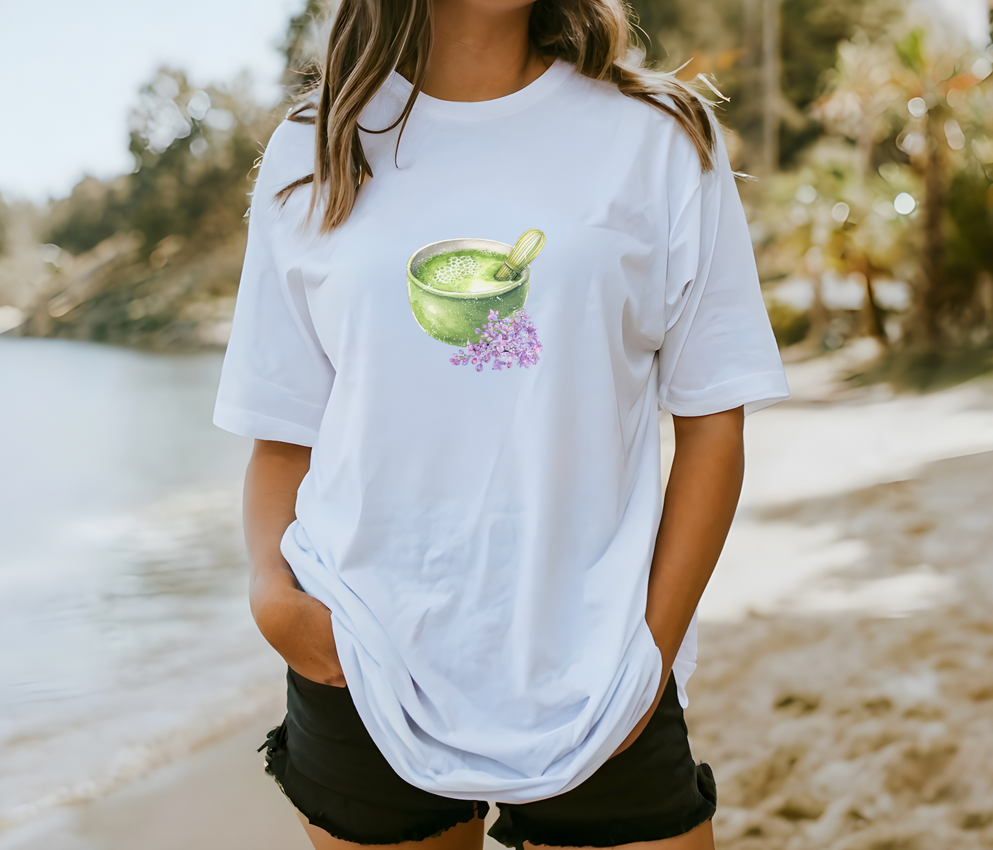 Matcha Green Tea Bowl with Lavender Summer T Shirt. Matcha Retro Graphic Shirt