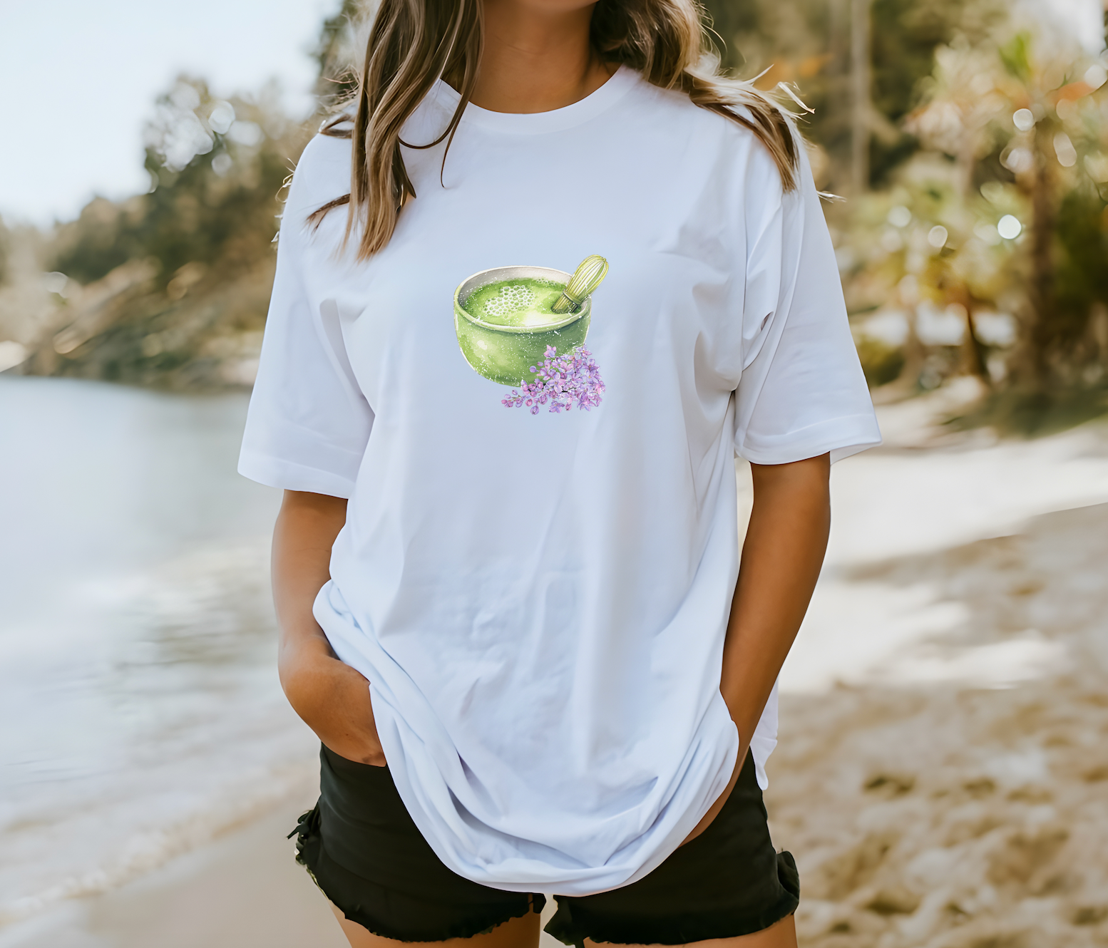 Matcha Green Tea Bowl with Lavender Summer T Shirt. Matcha Retro Graphic Shirt