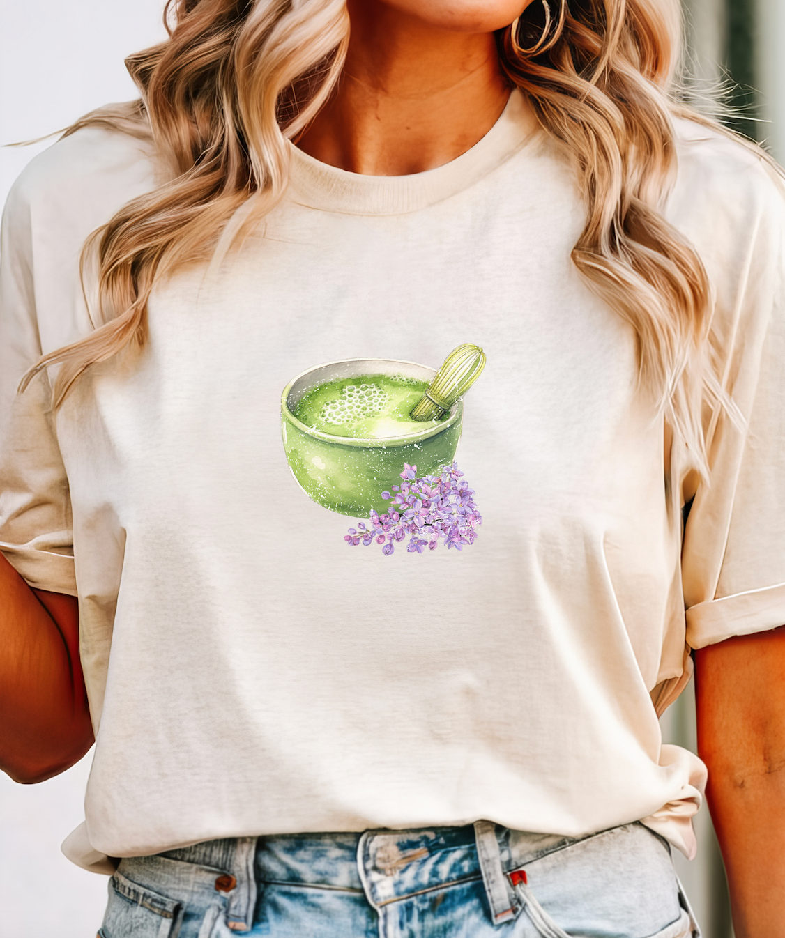 Matcha Green Tea Bowl with Lavender Summer T Shirt. Matcha Retro Graphic Shirt