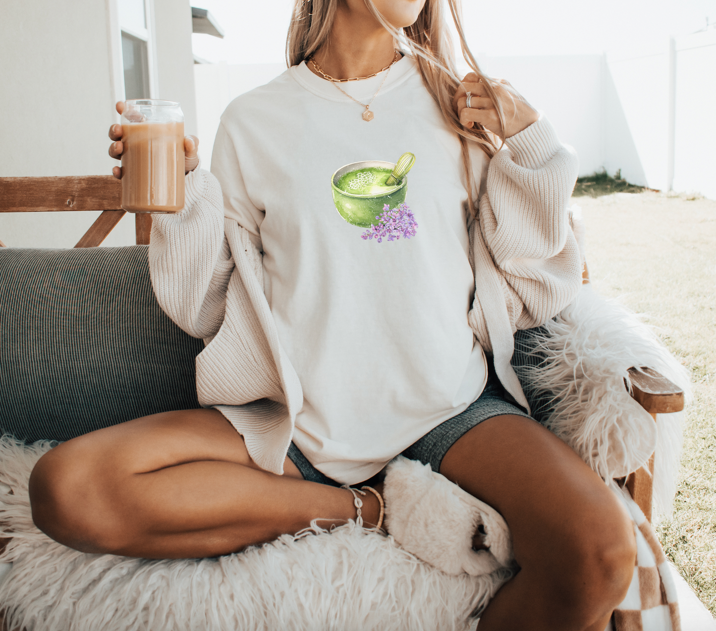 Matcha Green Tea Bowl with Lavender Summer T Shirt. Matcha Retro Graphic Shirt