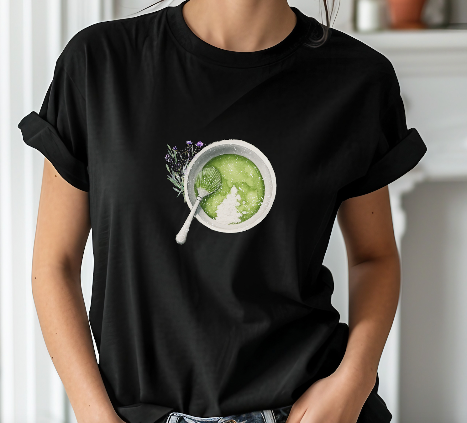 Matcha Green Tea Cup with Spoon Summer T Shirt. Matcha Retro Graphic Shirt