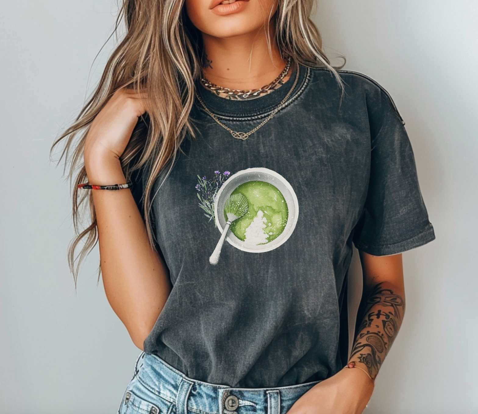 Matcha Green Tea Cup with Spoon Summer T Shirt. Matcha Retro Graphic Shirt