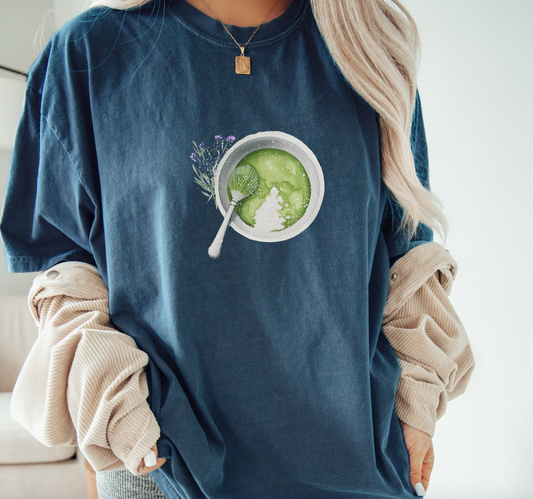 Matcha Green Tea Cup with Spoon Summer T Shirt. Matcha Retro Graphic Shirt