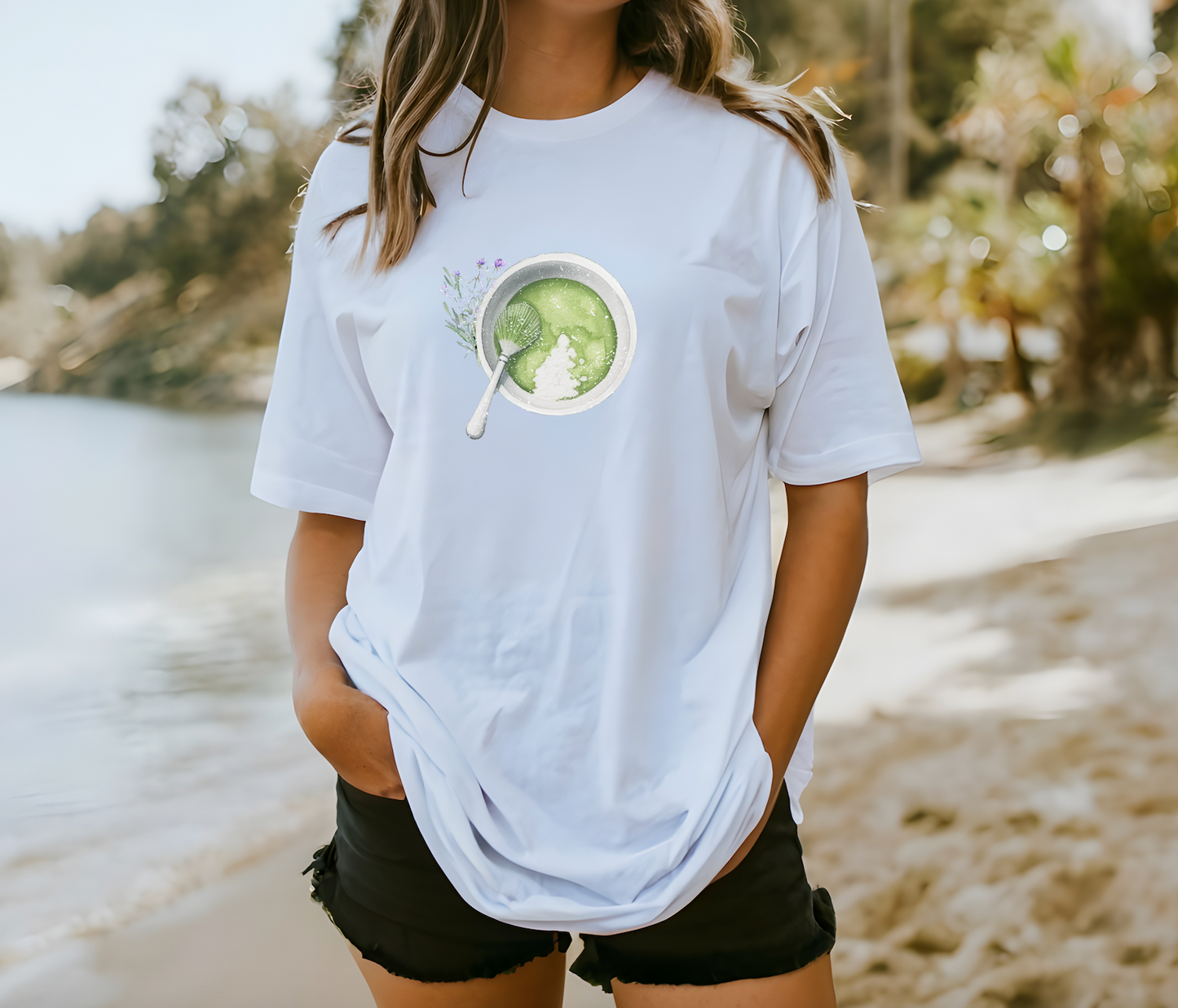 Matcha Green Tea Cup with Spoon Summer T Shirt. Matcha Retro Graphic Shirt